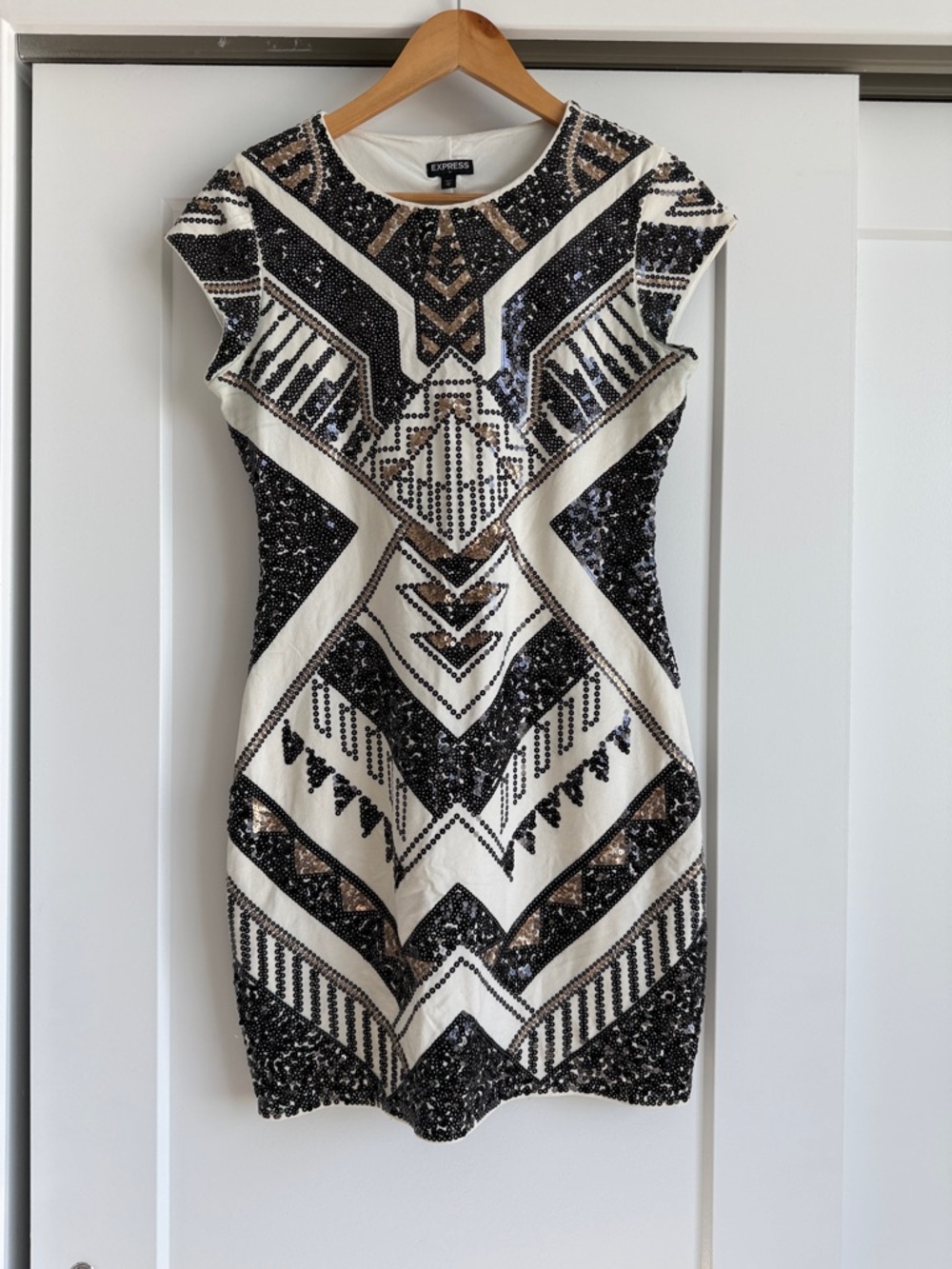 Express Sequin Geometric Mini Dress in Black, White, Gold